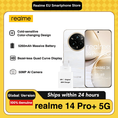 realme 14 Pro+ 5G, Teléfono Inteligente Android, 8+ 256 GB, Cámara Sony IMX896 OIS, Qualcomm Snapdragon 7s Gen 3 5G, IP69, Pantalla de 6,83 Pulgadas y 120 Hz, Batería de 5260 mAh, Incluye Cargador de