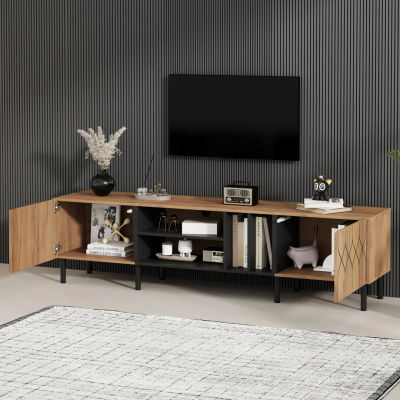 Mueble para TV con 2 puertas, 4 espacios de almacenamiento abiertos, moderno mueble bajo de aglomerado, mesa para televisor para sala de estar, para televisores de hasta 70 pulgadas, color madera