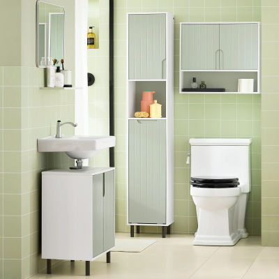 SoBuy BZR137-GR Armario baño estrecho con bolsa de ropa sucia, mueble baño ahorraespacio de madera, Blanco-Verde 167x31x30cm