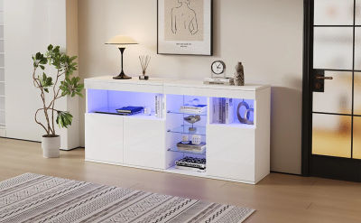 Aparador de alto brillo con LED, mueble buffet de 155,5 cm. 3 puertas y 3 estantes de cristal, armario de salón de diseño sin manija, blanco.