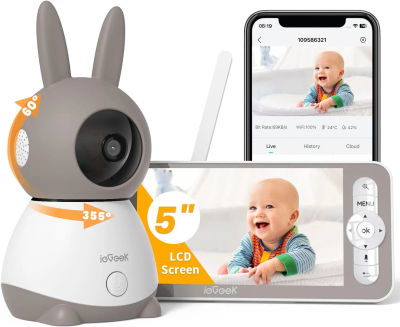 Monitor para Bebés IeGeek 2K 2.4Ghz WiFi con Pantalla Dividida de 5', 360° ° Cámara PTZ | Visión nocturna, control por aplicación y pantalla, batería de 3000 mAh