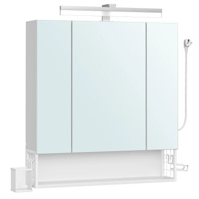 VASAGLE Armario de Baño con Espejo 3 Puertas, Mueble de Pared con Espejo, Enchufe, Cesta Colgante, Soporte para Secador de Pelo, para Baño, Lavabo, Blanco Nube