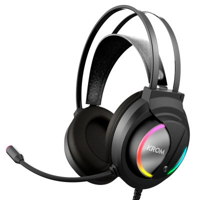 KROM KAPPA - Auriculares Gaming con Micrófono, Sonido stereo RGB LED Rainbow, Altavoces 50mm, Diadema Ajustable, Micro Flexible, USB,PC, Negro