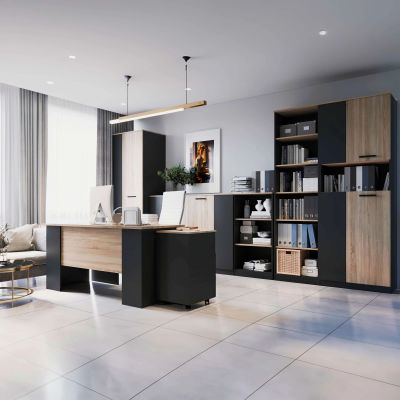 Miroytengo Pack Muebles de Oficina Nibis Estilo Industrial con Escritorio, Aparador, Cajonera y Estanterías Color Roble Sonoma y Gris Antracita