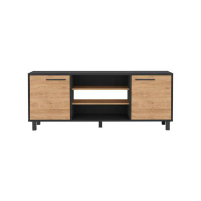TUHOME Mueble TV Kaia con Almacenamiento Multimedia, Negro / Miel Madera manufacturada Salón-Mueble Tv