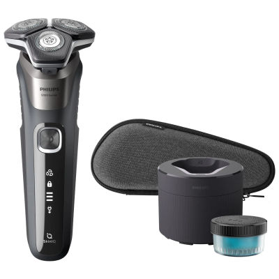 Philips Serie 5000 Afeitadora Eléctrica para Hombre, Cuchillas SteelPrecision, Sensor de Densidad de la Barba, Cabezales con movimiento 360º, Uso en Seco y Húmedo, Base de limpieza y Funda Dura de
