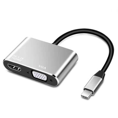 FGNS. Adaptador Tipo-C a HDMI(4K) y VGA,Hub USB C a VGA HDMI Adaptador con PD(100W) y USB 3.0 Porta, USB C Hub 4 en 1 Thunderbolt 3 a HDMI-4K VGA-1080P Compatible con teléfonos móviles, tabletas,