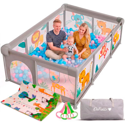 Parque Infantil para Bebé con Alfombra, 4 Agarraderas y Malla Transpirable - Corralito Plegable con Puerta Lateral y Diseño de Animales - Playpen para Bebé
