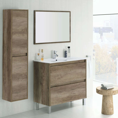 Miroytengo Pack Mueble De Baño Con Espejo Y Lavamanos Incluido Ceramico, Incluye Columna De Baño O Aseo Color Nordik