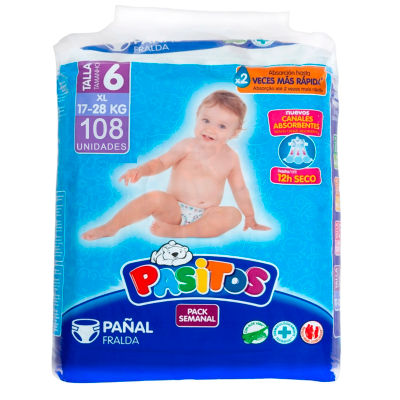 PACK de 4 - PASITOS pañales para bebés talla 6 -108 Unidades - 17 a 28 Kg
