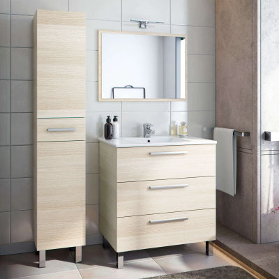 Miroytengo Mueble de Baño Conjunto Taria con Columna Athenea y Lavamanos en Color Roble Claro (Incluye Espejo)