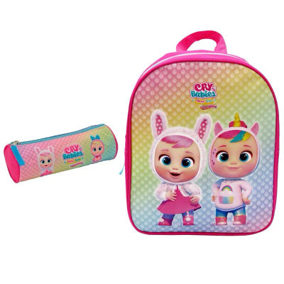 MOCHILA BEBÉS LLORONES 30 CM CON PORTATODO REDONDO -COLOR ROSA ,CONEJO Y UNICORNIO,NIÑAS