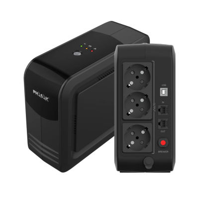 SAI Phasak Smart Lite 950VA 570W Interactivo con AVR – 3 Schuko, USB HID y Protección RJ45 – Compacto: Vertical, Horizontal o Base de Monitor – PH 9499