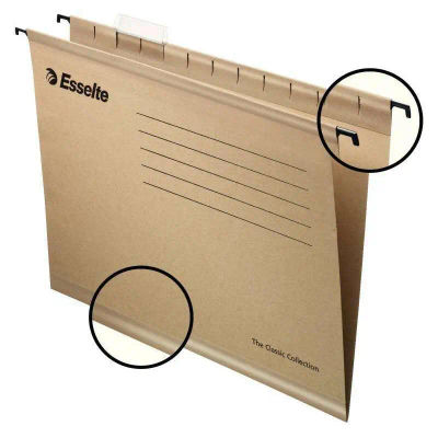 Esselte classic a4 carpeta colgante reforzada - 10 veces mas resistente - visores de plastico transparente - etiquetas blancas - 100% carton kraft reciclado - natural
