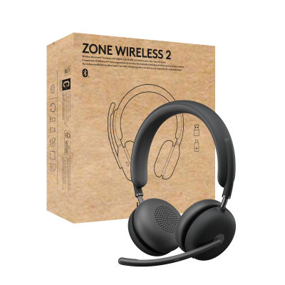 Logitech Zone Wireless 2 Headset with USB-C and Bluetooth 5.2, headband design for office/call center use, featuring integrated battery, ANC, 40H playtime, and noise cancelling technology in graphite
