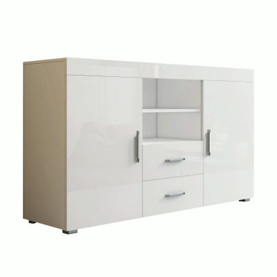 MB Muebles Bonitos - Aparador de salón modelo Roque en melamina brillo 140x80x40 cm con 2 puertas, 2 cajones y 2 estantes abiertos para diseño moderno