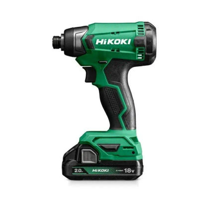 Hikoki impact screwdriver 18V with 140Nm torque, includes 2x 2.0Ah batteries, charger, and carrying case, featuring electronic feedback control and LED for improved safety during work.