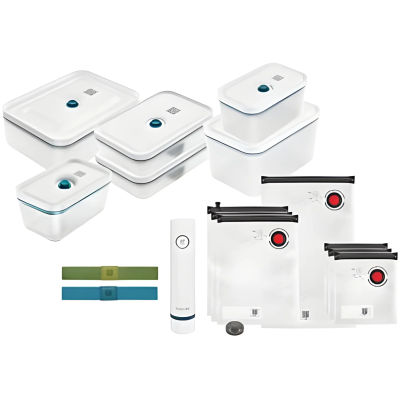 Zwilling Vacuum Set, 7-piece in La Mer color includes vacuum pump, glass containers, and bags for airtight food storage, ideal for keeping meals fresh longer and preserving food quality.