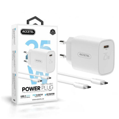 Accetel AC857 Cargador Carga Rápida De Pared USB-C PD 25W - Cable USB-C A USB-C 1M