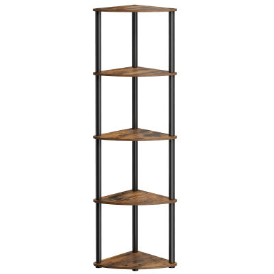 SONGMICS HOME Estantería Esquinera con 5 Niveles, Librería, Montaje Superrápido sin Herramientas, Acero, Robusto, 38,3 x 27 x 139 cm, para Plantas, Salón, Marrón Rústico