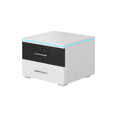 MB Muebles Bonitos - Mesita de noche, 2 cajones con LED, 50x36,5x45cm, Blanco con Negro Acabado Brillo, Modelo Paulina