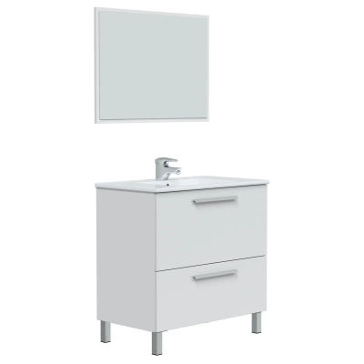 VS Venta-Stock - Mueble de baño modelo Luis 1puerta 1 cajón, 80cm color blanco brillo con espejo, sin lavabo