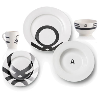 Set 26 piezas vajilla con logo en negro, en loza: vajilla 18 piezas (6 servicios (plato llano, plato hondo y plato de postre), 4 boles de desayuno, y