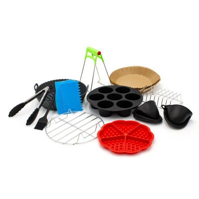 Accesorios freidora de Aire, Compatible con Air Fryer, Philips, Ninja, Cloen, Cosori, Moulinex, Tefal, Cecotec. Incluye 13 Accesorios, Bandeja de Silicone, Pinzas, 100 Piezas de Papel y Mucho más.