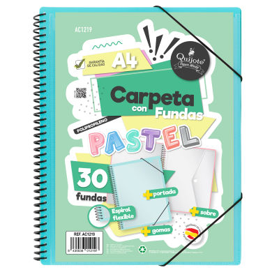 Quijote Paper World Carpeta A4 30 Fundas y espiral flexible Colores Pastel Portada Intercambiable