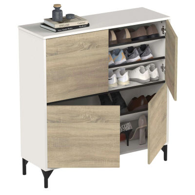 Mueble Recibidor Zapatero Tokio 4 Puertas 5 Baldas Mueble Pasillo Color Blanco Mate y Roble Cambrian 101 cm