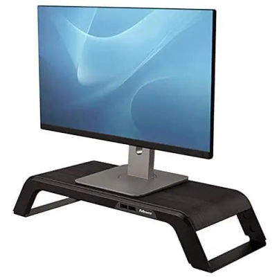 Fellowes 8060501 black desk monitor support, manual height adjustable, aluminum and wood, max weight 18 kg, perfect as a monitor riser for ergonomic workspace organization and efficient desk
