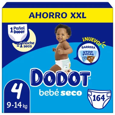 Dodot - Pañales Talla 4 Mega Box XXL 164 uds con máxima absorción, ajuste anatómico y protección contra fugas para bebés de 9–14 kg