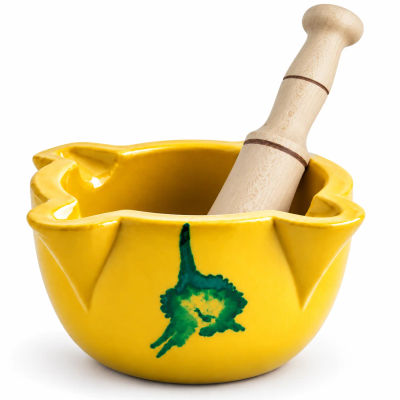 Juego de Mortero y Mazo de Loza Amarilla Chovi - Diseño Tradicional y Decorativo para Ajo, Especias y Hierbas - Fácil de Limpiar y Duradero