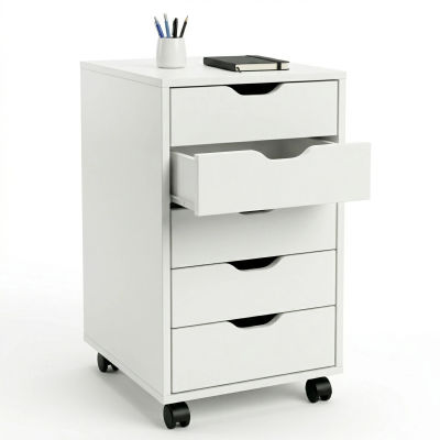 Cajonera Nórdica Blanca con 5 Cajones y Ruedas - Organizador Minimalista para Home Office, Escritorio y Mueble Auxiliar