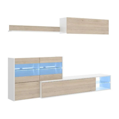 MOBELCENTER - Mueble Salón Reversible, Módulo TV, Superior y Estante Vitrina - Blanco Brillo y Roble Natural - 233-260cm x 86cm x 41-118cm (1207)