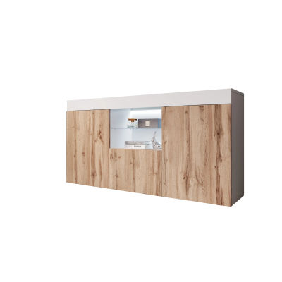 MB Muebles Bonitos - Aparador de salón Sefora con luz LED azul, acabado mate y balda de cristal, 135x73x34 cm para comedor o salón