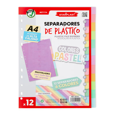Starplast Separadores Pastel para Carpeta o Archivador 2-4 Anillas - Organizadores Polipropileno Índice Multitaladro
