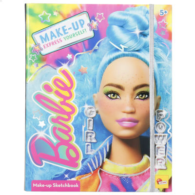 Lisciani Barbie - Set de maquillaje infantil, incluye sombras de ojos, coloretes, brillo de labios, pinceles, lápiz de ojos, gemas adhesivas, libro con actividades recortables, carpeta con espejo,