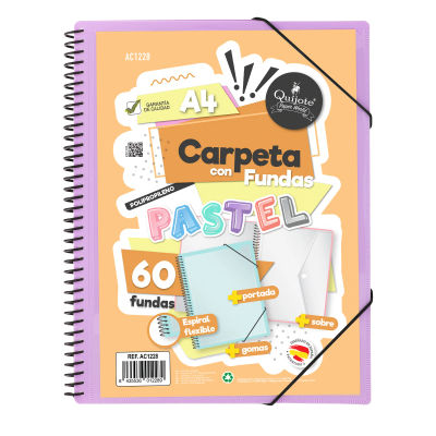Quijote Paper World Carpeta A4 con Espiral y gomas 60 Fundas Colores Pastel