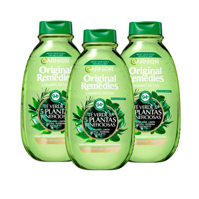 Garnier | Original Remedies Té Verde y 5 Plantas Beneficiosas Champú Detox - 3x400 ml
