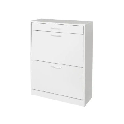 Mueble Zapatero Blanco con Cajón y 2 Puertas, Armario 8 Pares 60x24x80 cm Tiradores de metal. Puertas batientes. Interiores con 2 niveles. Resiste 20 kg. Para pasillos o recibidores estrechos