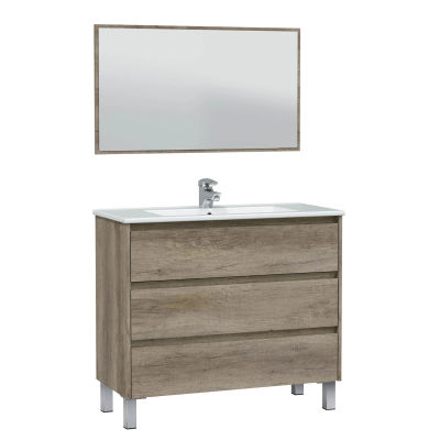 VS Venta-Stock - Mueble de baño modelo Devin 3 cajones, 100cm color nordik con espejo, sin lavabo