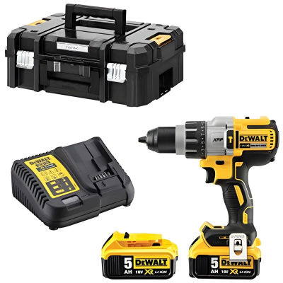 DeWalt DCD996P218 20V MAX Hammer Drill with 1/2" chuck, includes two 5.0Ah batteries, charger, and hard case, perfect for heavy-duty drilling and impact tasks.