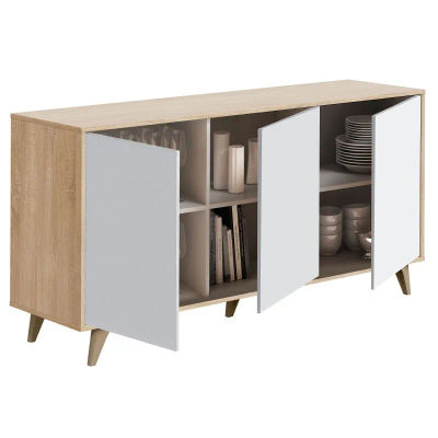 Miroytengo Pack Muebles De Salón Kikua Plus Estilo Nórdico Roble Y Blanco Artik (mesa Tv + Estante + Vitrina + Aparador)