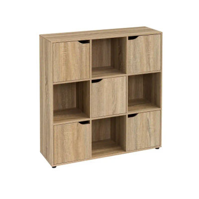 Estantería Cubo con 9 estantes y 5 puertas color roble de 90x89x29 cm Mueble de almacenaje compacto de tablero laminado de 12mm con puertas y huecos abiertos para dormitorio, salón o despacho