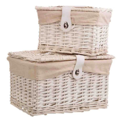 WANDERLUST DECO Set 2 Baúles de Mimbre Lacado Blanco Forrados | Almacenamiento y Decoración