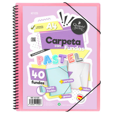 Quijote Paper World Carpeta A4 40 Fundas Espiral Flexible y portada intercambiable Colores Pastel
