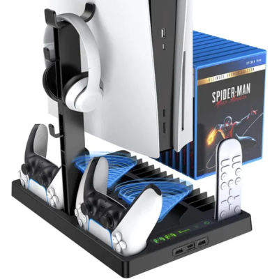 Base de refrigeración Almalux® para PS5 con soporte para auriculares - cargador de controladores y organizador de juegos