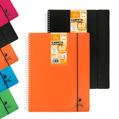 Quijote Paper World Carpeta 60 fundas A4 Polipropileno. Espiral transparente y cierre con goma