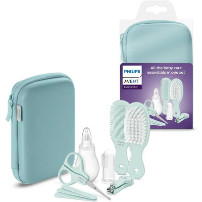 Philips AVENT Set Cuidado del bebé, incluye 1 aspirador nasal, 1 cepillo dientes dental, 1 tijera punta redondeada, cortauñas, 3 limas de uñas, 1 peine y 1 cepillo suave.